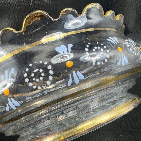 Antique Enameled Paint Large Glass Bowl Dish Gold Painted Edge Manganese 365nm - Picture 13 of 16